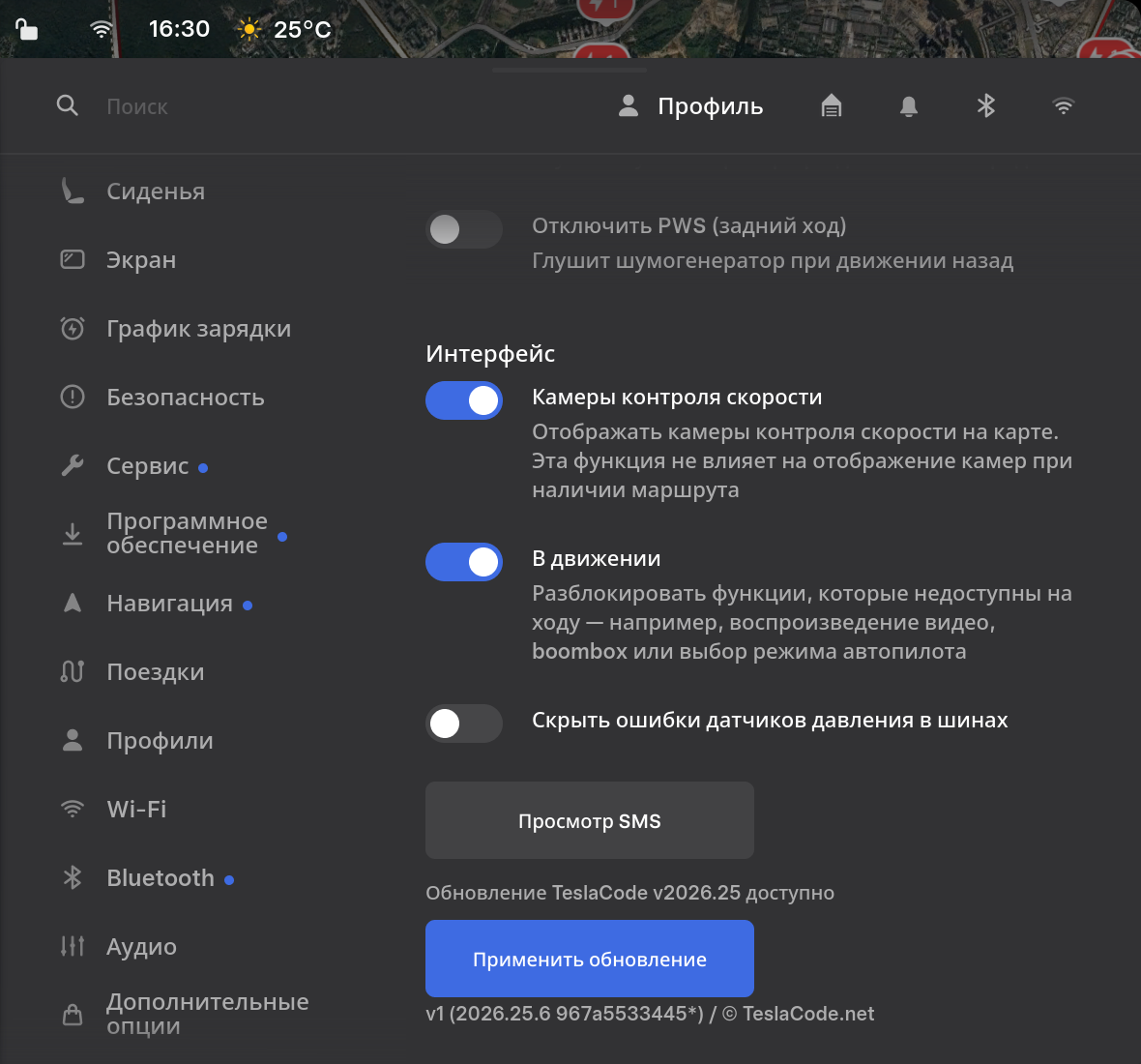 TeslaCode Plus на центральном экране Tesla